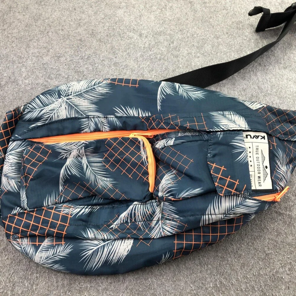 KAVU Blue Palm Leaf Print Sling Backpack Crossbody Bag 19in Adjustable Strap